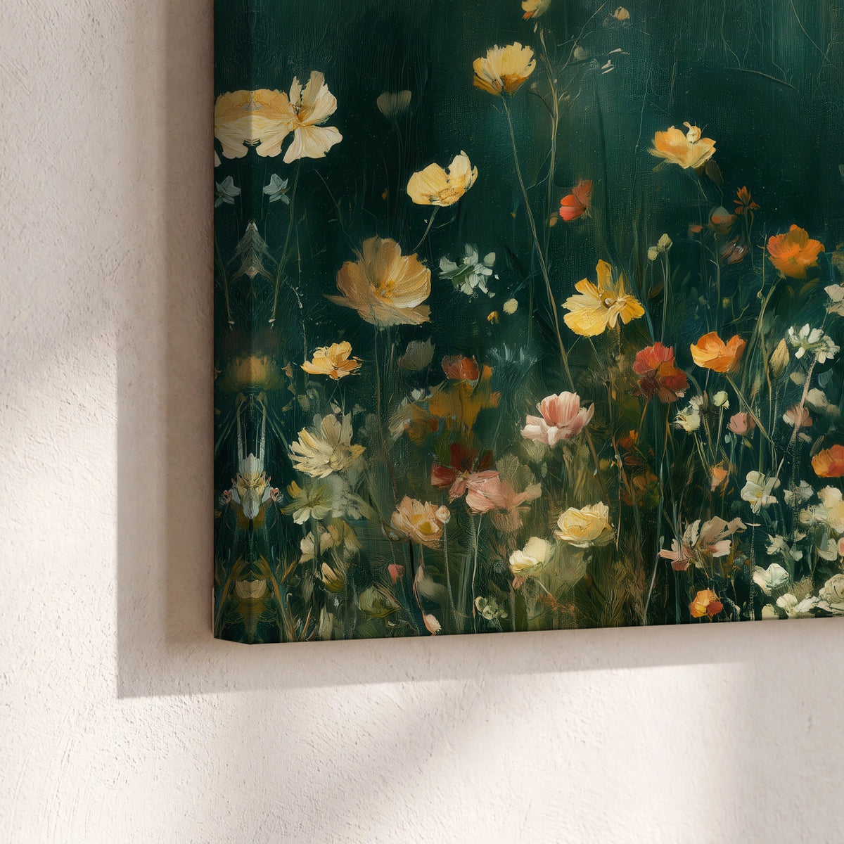 Moody wildflower garden painting canvas print close-up showing the gallery-wrapped edge