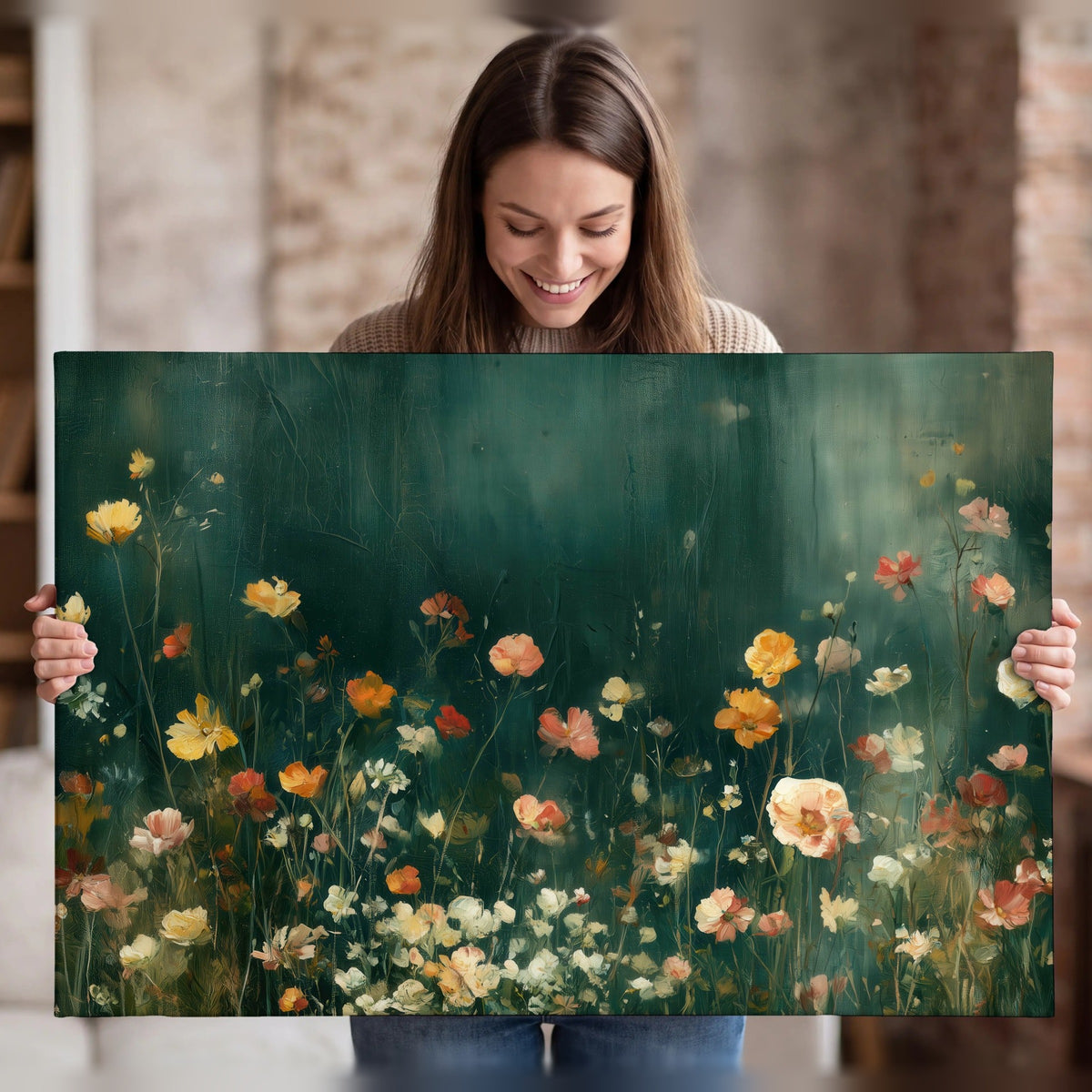 Moody wildflower garden painting canvas wall art held in hands