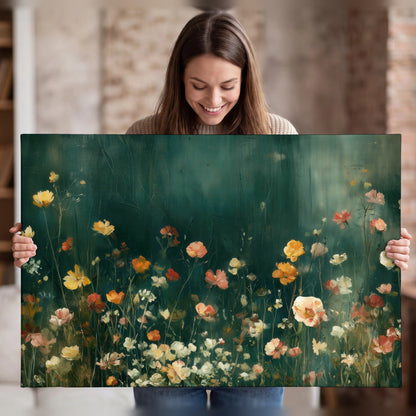 Moody wildflower garden painting canvas wall art held in hands