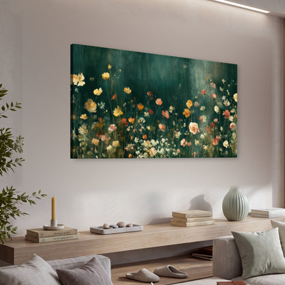 Moody wildflower garden painting canvas wall art in a living room above a console