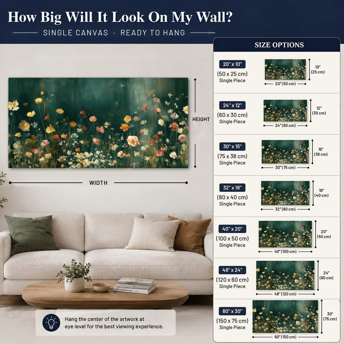 Moody wildflower garden painting canvas wall art size guide above a sofa