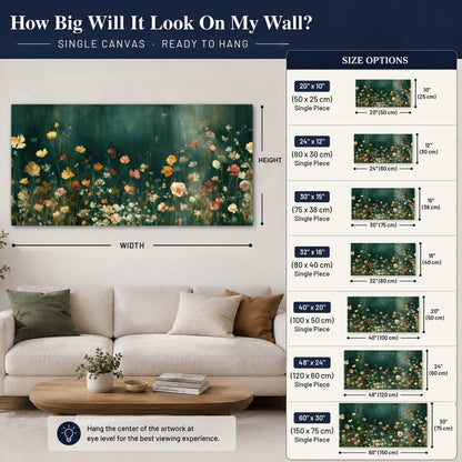 Moody wildflower garden painting canvas wall art size guide above a sofa