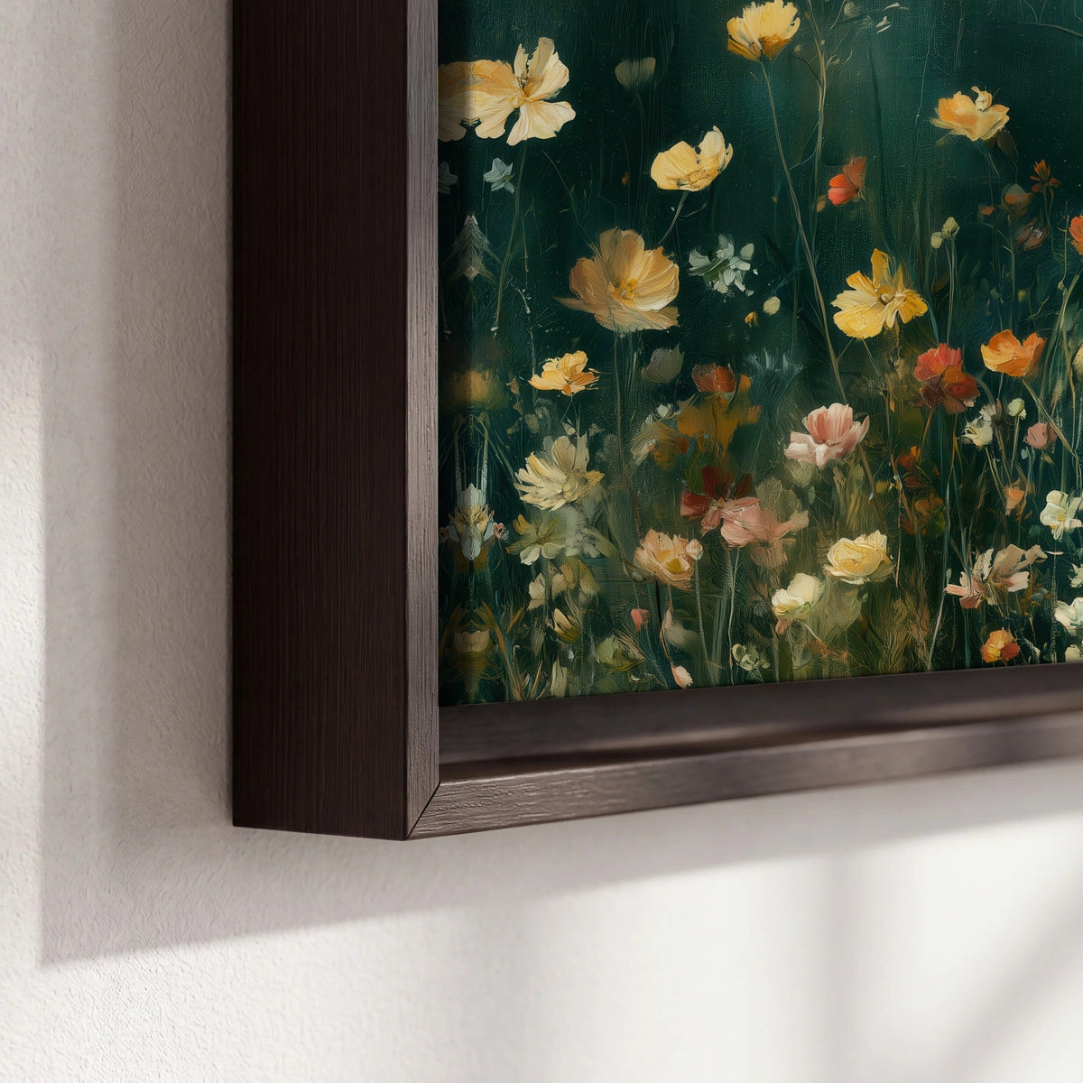 Moody wildflower garden painting framed canvas close-up showing the floating frame