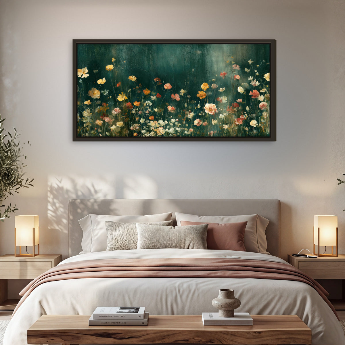 Moody wildflower garden painting framed canvas wall art in a bedroom above the bed