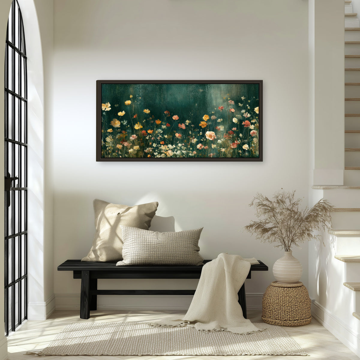 Moody wildflower garden painting framed canvas wall art in an entryway above a bench