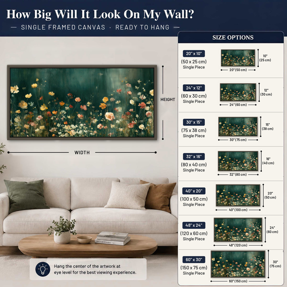 Moody wildflower garden painting framed canvas wall art size guide above a sofa