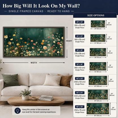 Moody wildflower garden painting framed canvas wall art size guide above a sofa