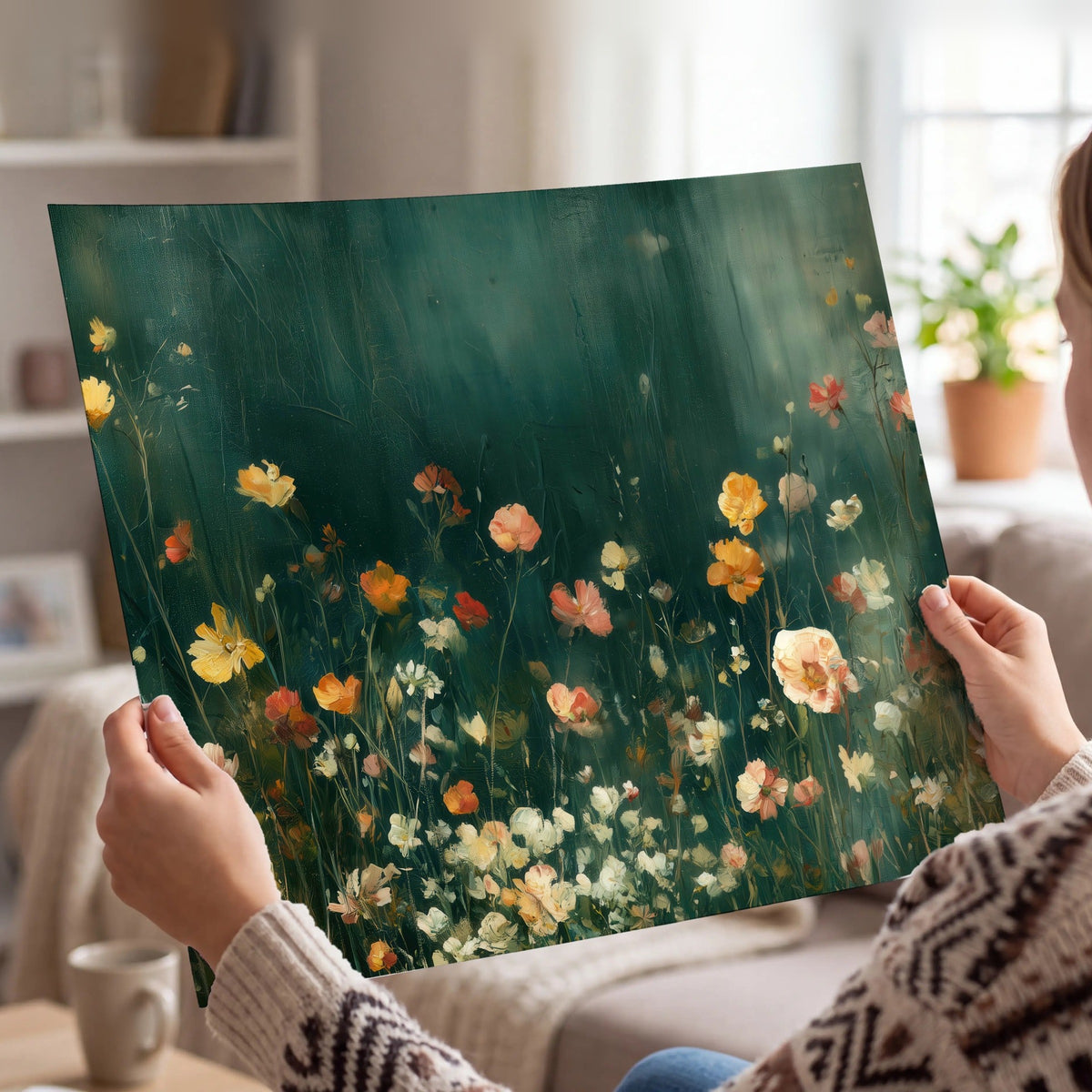 Moody wildflower garden painting poster print held in hands