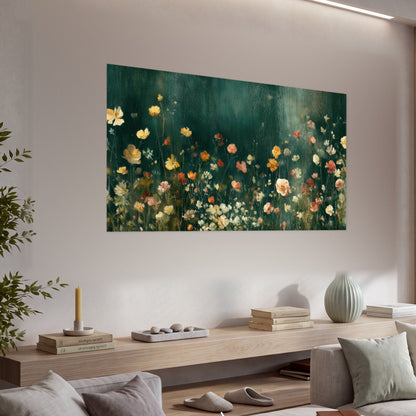 Moody wildflower garden painting poster print in a living room above a console