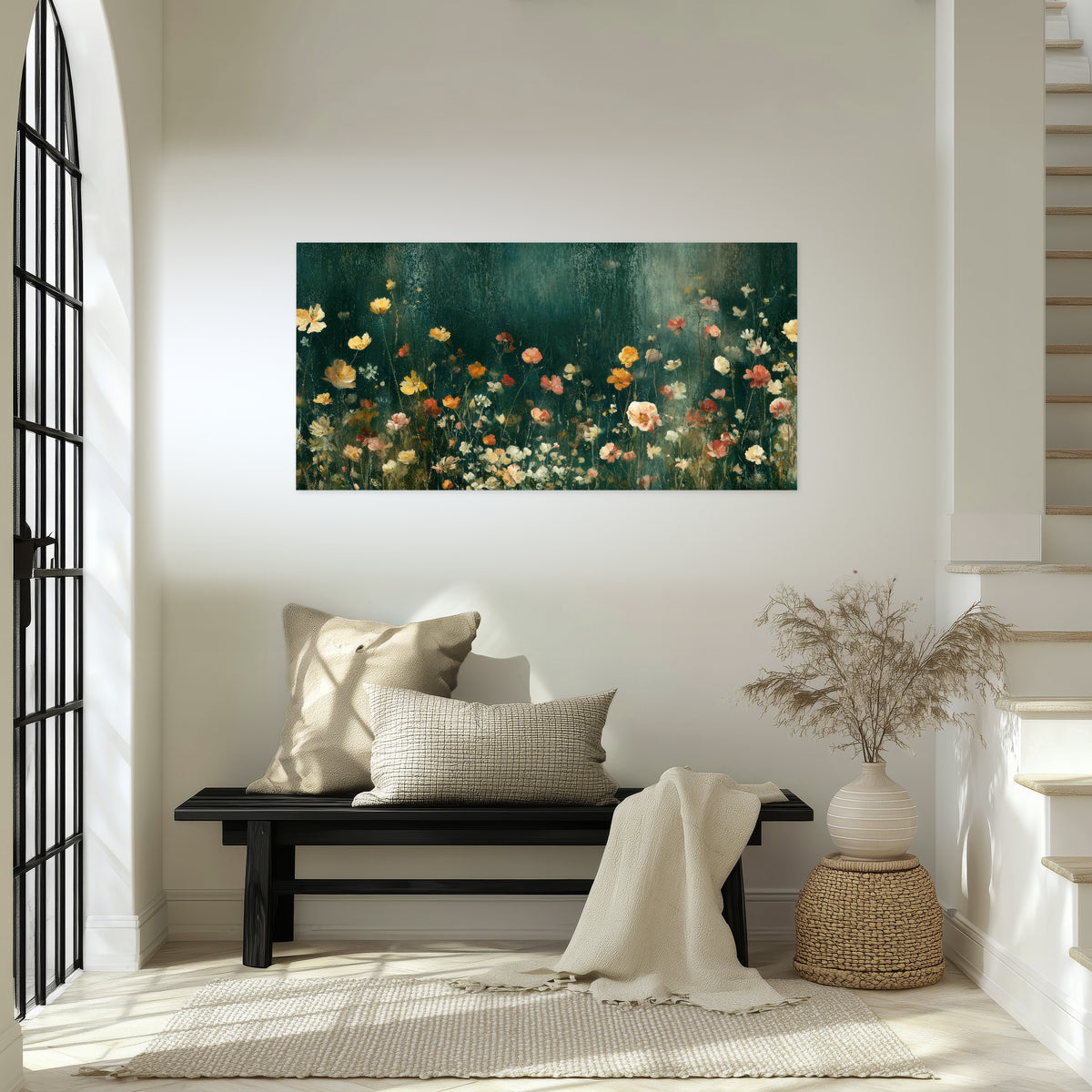 Moody wildflower garden painting poster print in an entryway above a bench