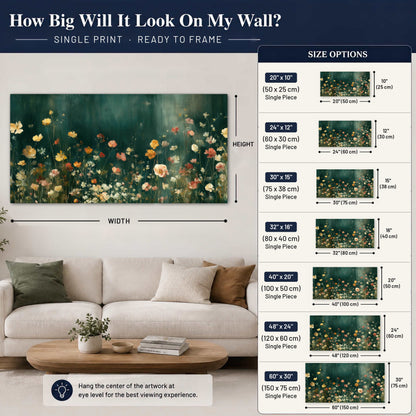 Moody wildflower garden painting poster print size guide above a sofa