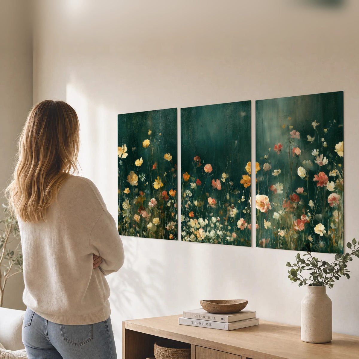 Moody wildflower garden painting set of 3 poster prints in a living room