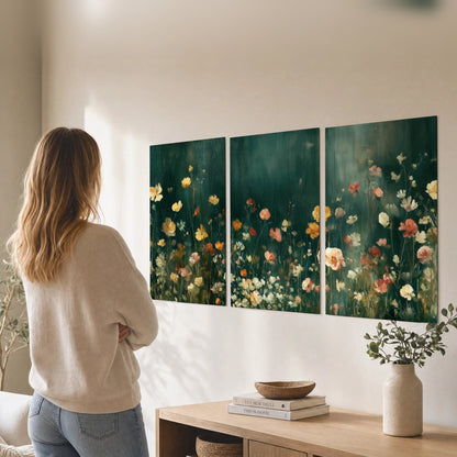 Moody wildflower garden painting set of 3 poster prints in a living room