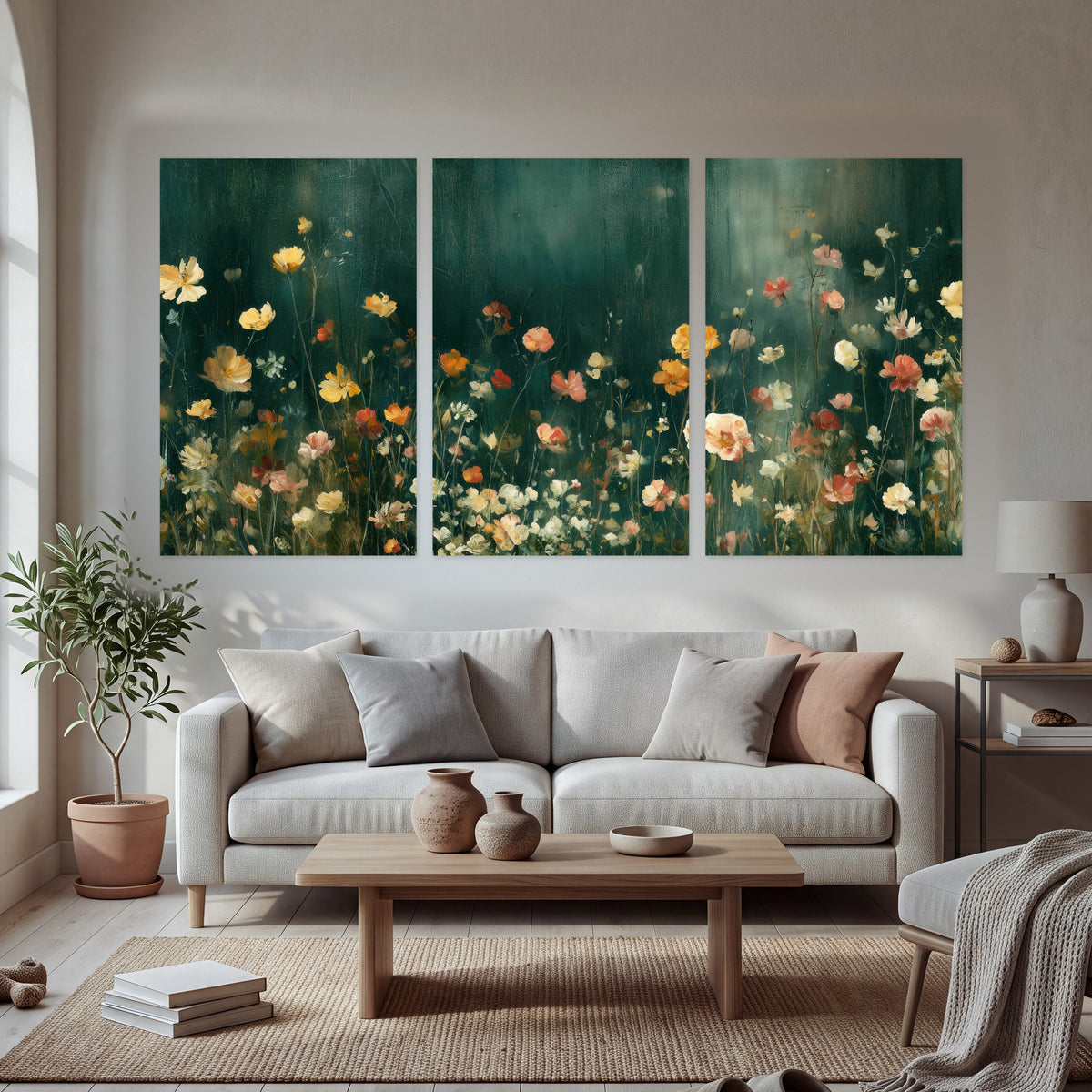 Moody wildflower garden painting set of 3 poster prints in a bright living room