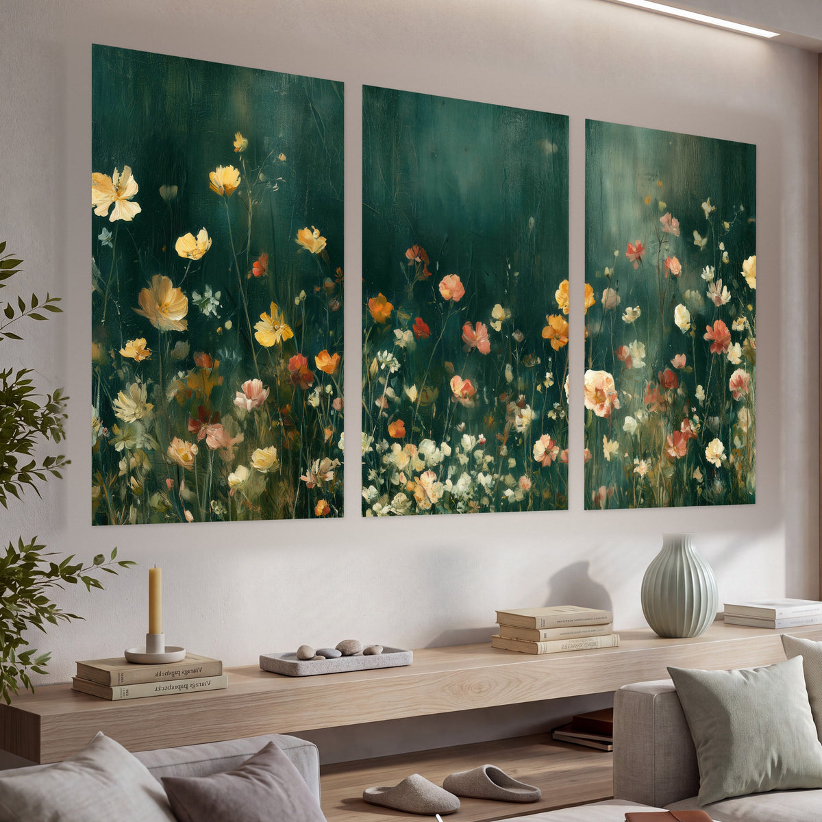 Moody wildflower garden painting set of 3 poster prints in a living room above a console