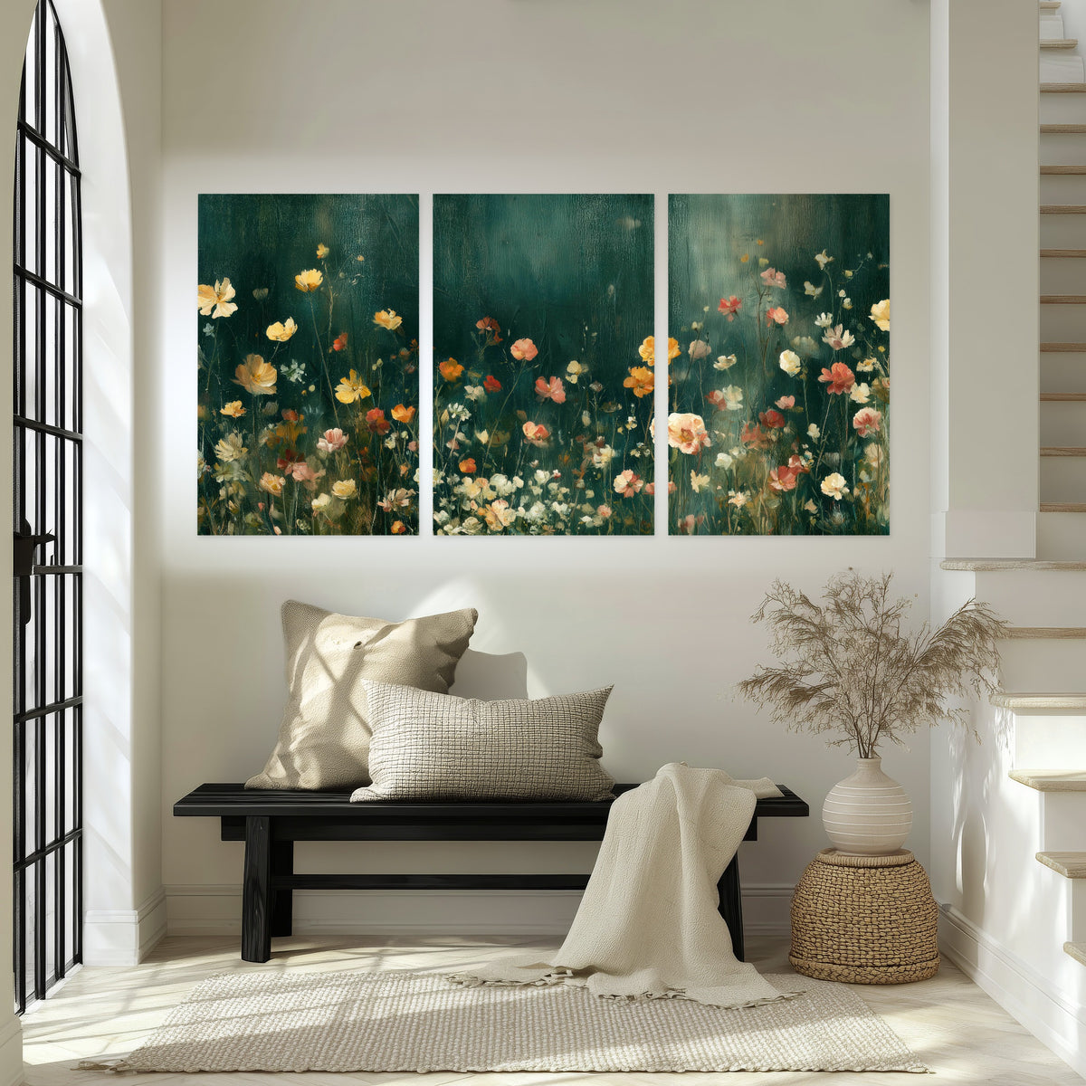 Moody wildflower garden painting set of 3 poster prints in an entryway above a bench