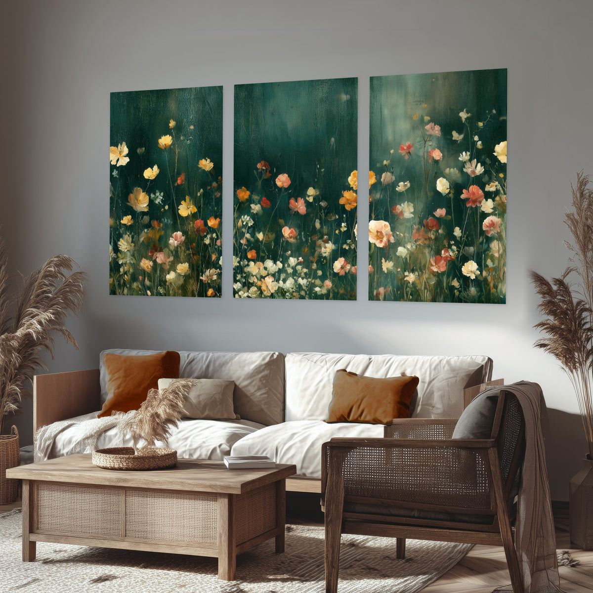 Moody wildflower garden painting set of 3 poster prints in a rustic living room