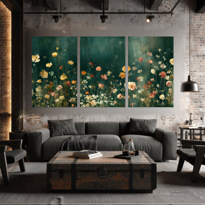 Moody wildflower garden painting set of 3 poster prints in an industrial loft