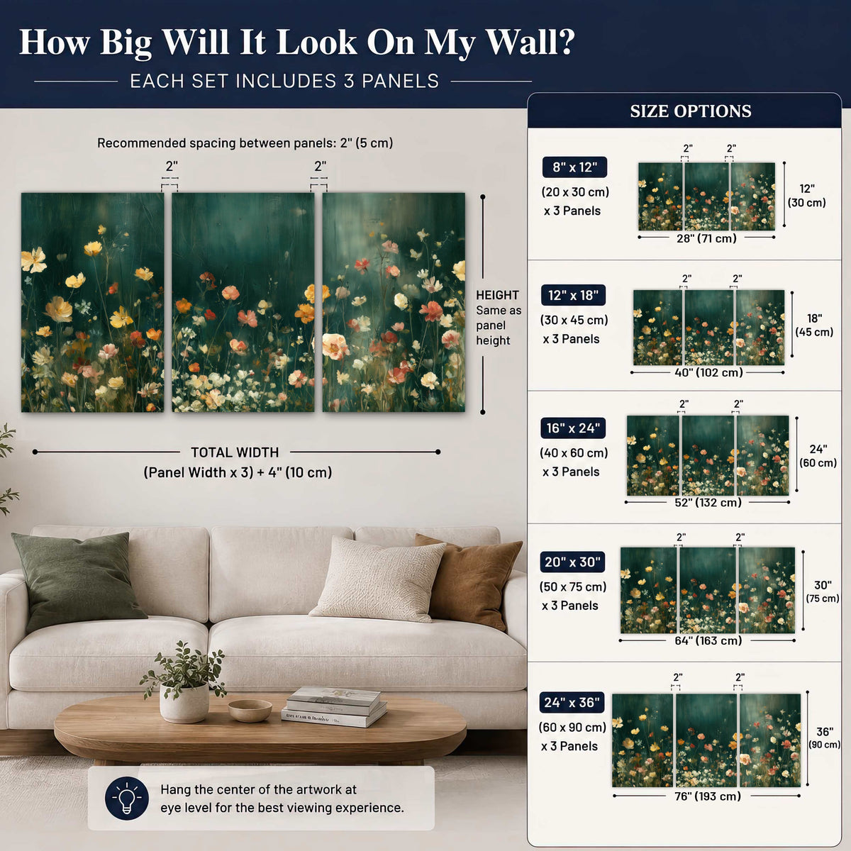 Moody wildflower garden painting set of 3 poster prints size guide above a sofa
