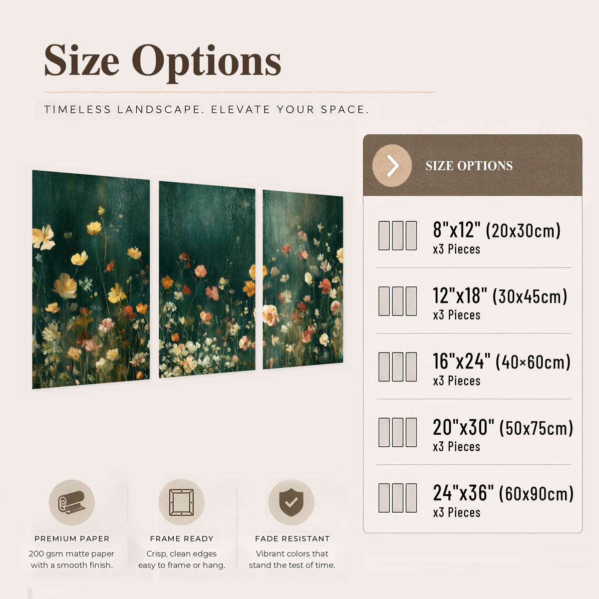 Moody wildflower garden painting set of 3 poster prints size options