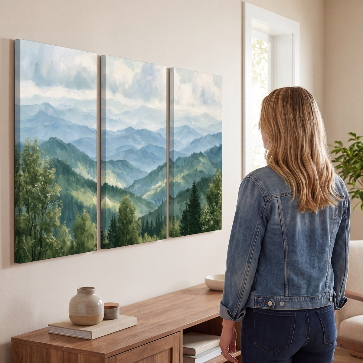 Smoky mountain vista painting 3 piece canvas wall art in a living room