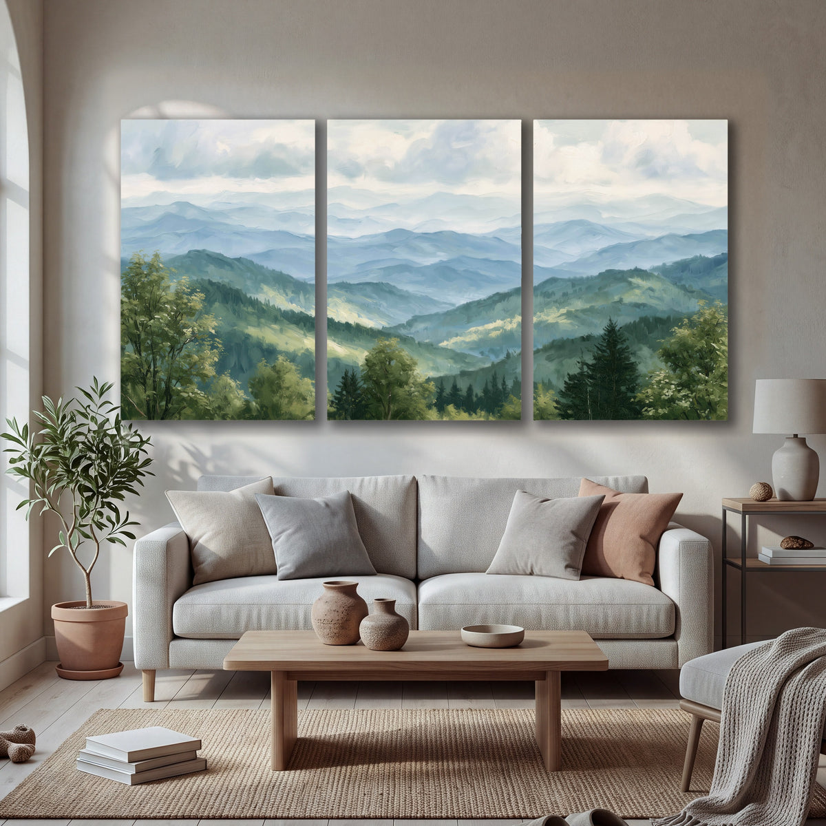 Smoky mountain vista painting 3 piece canvas wall art in a bright living room