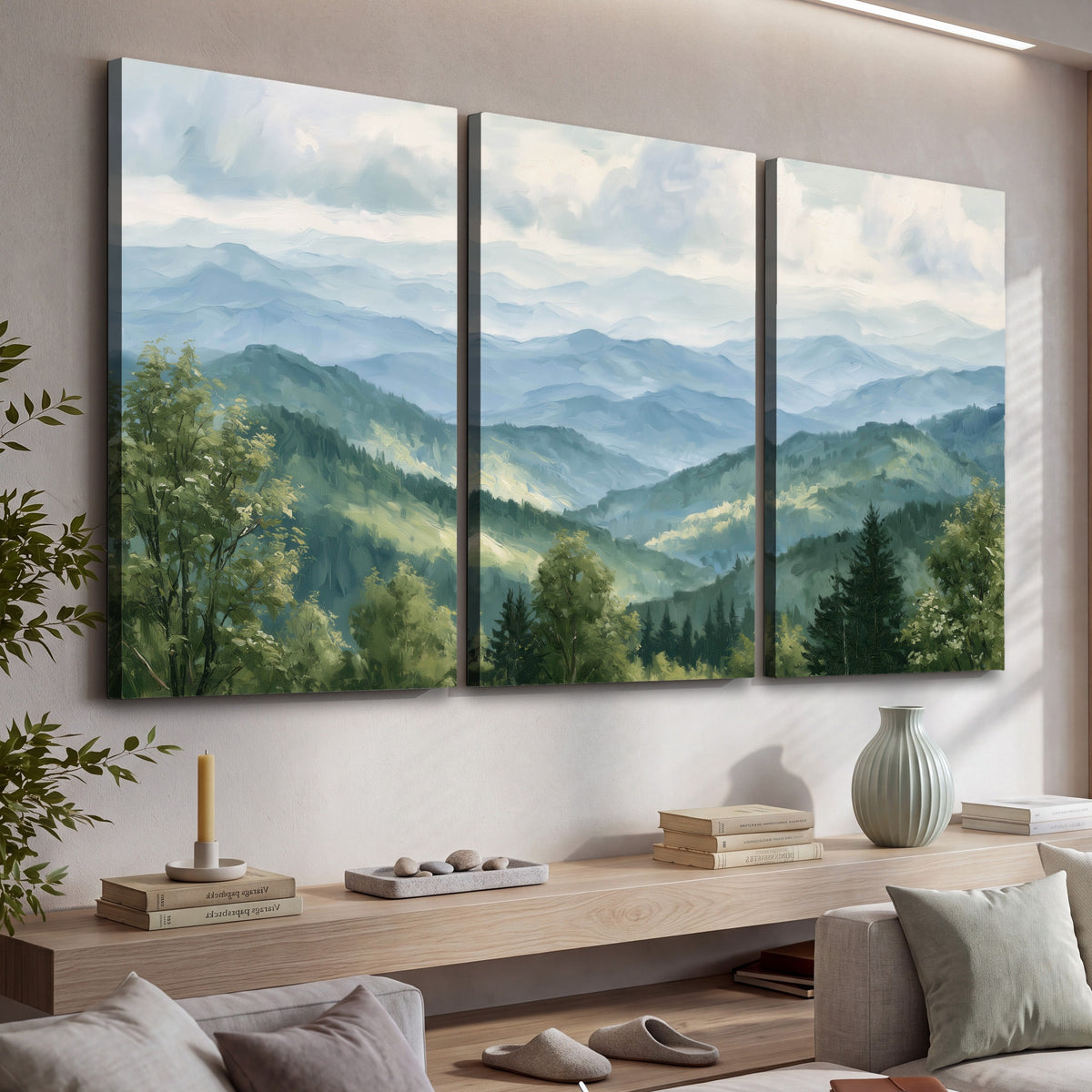 Smoky mountain vista painting 3 piece canvas wall art in a living room above a console