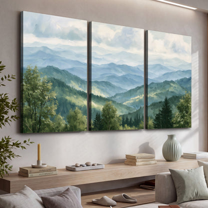 Smoky mountain vista painting 3 piece canvas wall art in a living room above a console