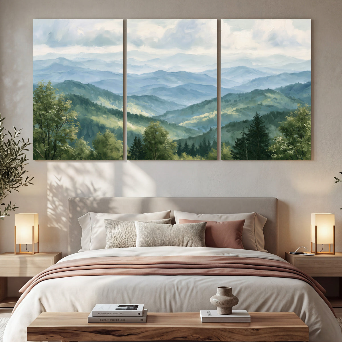 Smoky mountain vista painting 3 piece canvas wall art in a bedroom above the bed