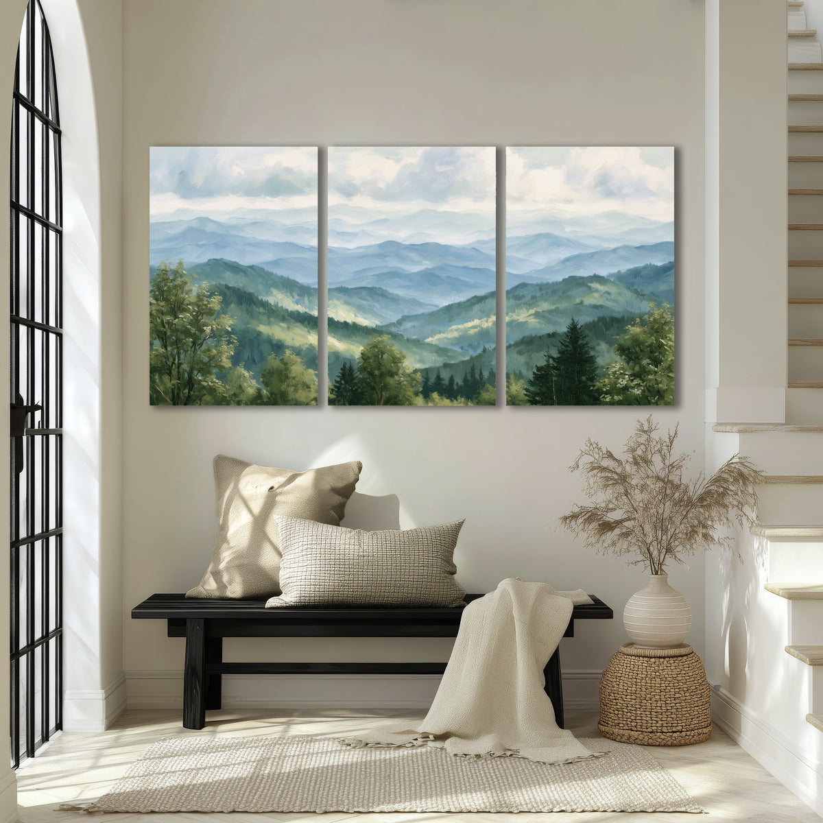 Smoky mountain vista painting 3 piece canvas wall art in an entryway above a bench