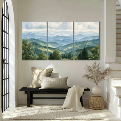 Smoky mountain vista painting 3 piece canvas wall art in an entryway above a bench