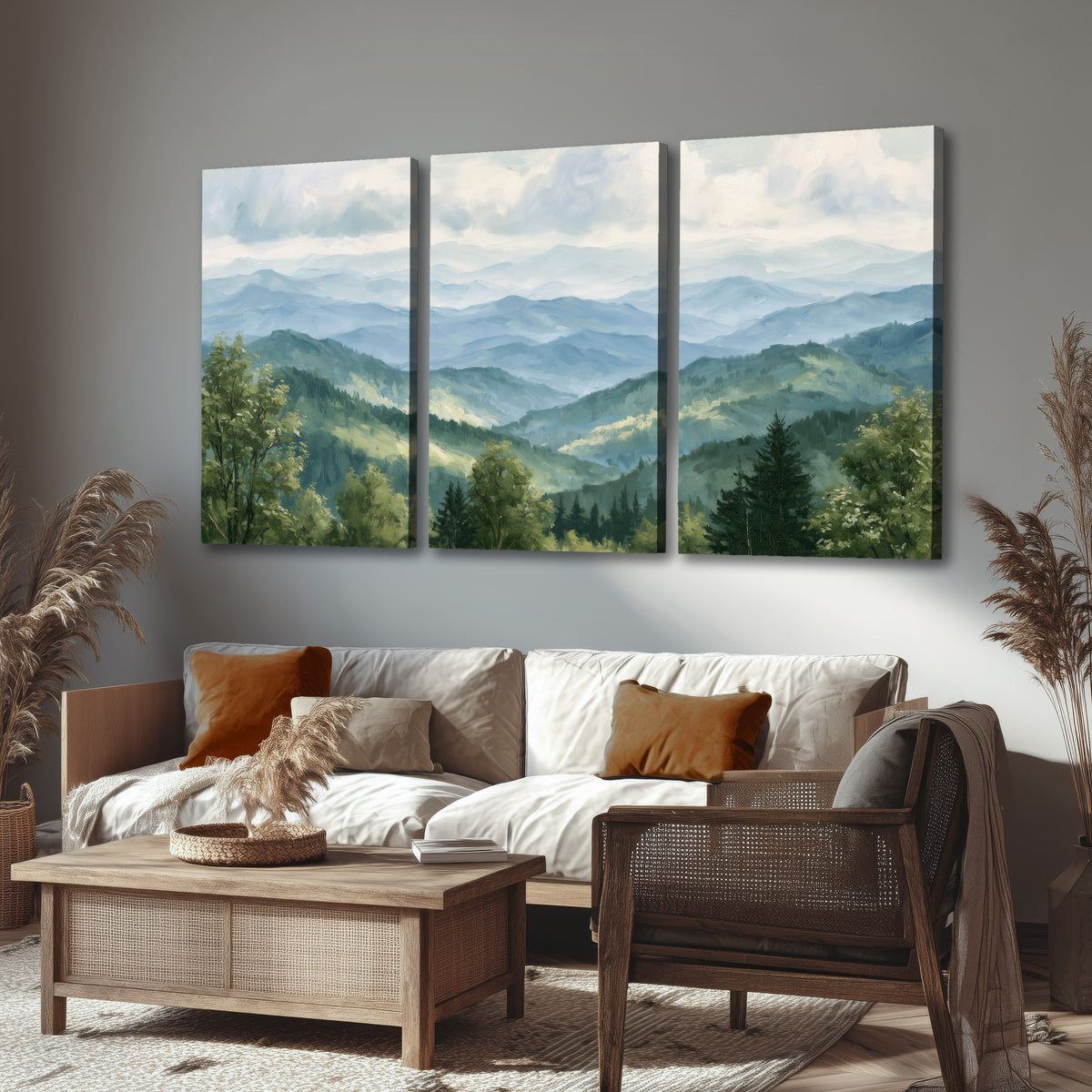 Smoky mountain vista painting 3 piece canvas wall art in a rustic living room
