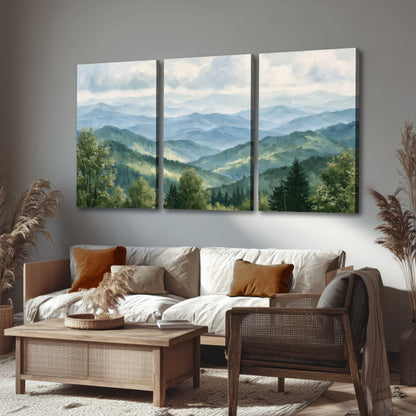 Smoky mountain vista painting 3 piece canvas wall art in a rustic living room