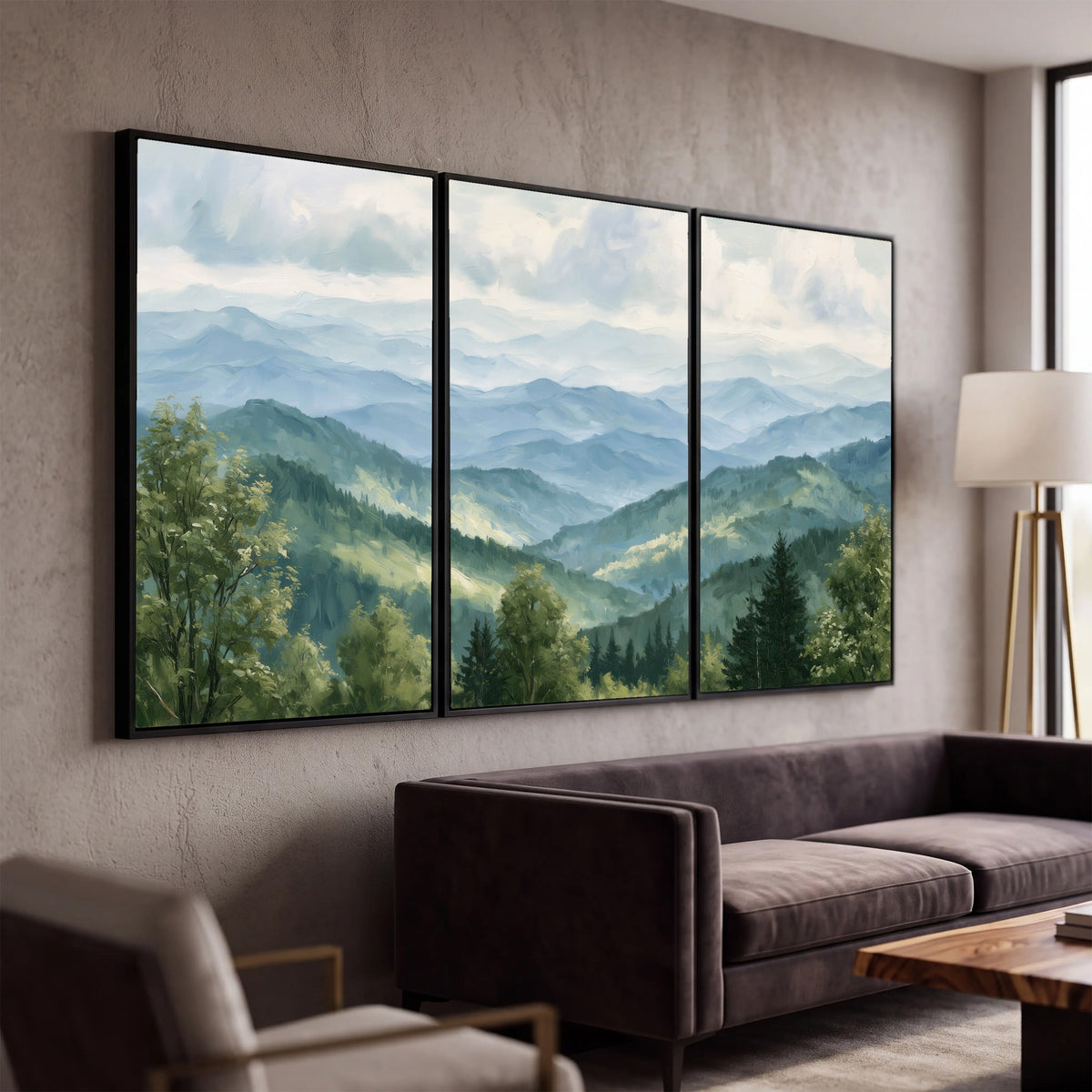 Smoky mountain vista painting 3 piece canvas wall art in a modern living room