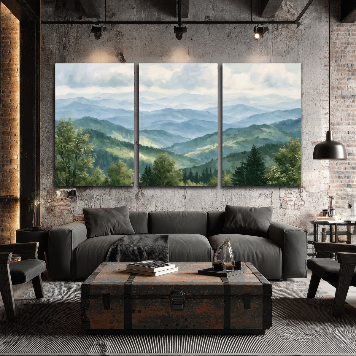 Smoky mountain vista painting 3 piece canvas wall art in an industrial loft