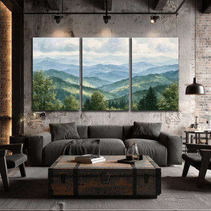 Smoky mountain vista painting 3 piece canvas wall art in an industrial loft