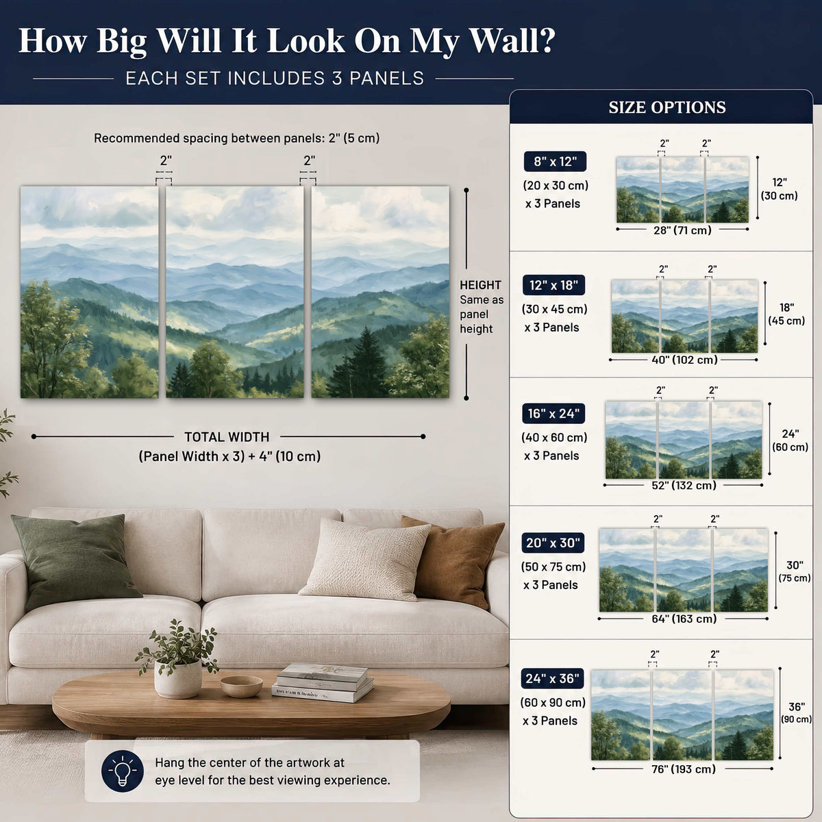 Smoky mountain vista painting 3 piece canvas wall art size guide above a sofa