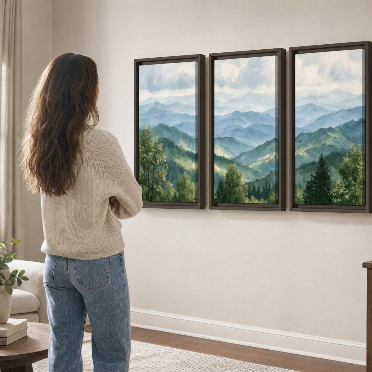 Smoky mountain vista painting 3 piece framed canvas in a living room