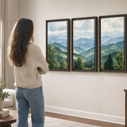 Smoky mountain vista painting 3 piece framed canvas in a living room