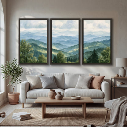 Smoky mountain vista painting 3 piece framed canvas in a bright living room