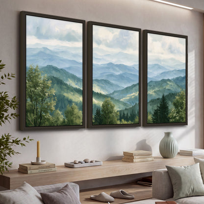 Smoky mountain vista painting 3 piece framed canvas in a living room above a console