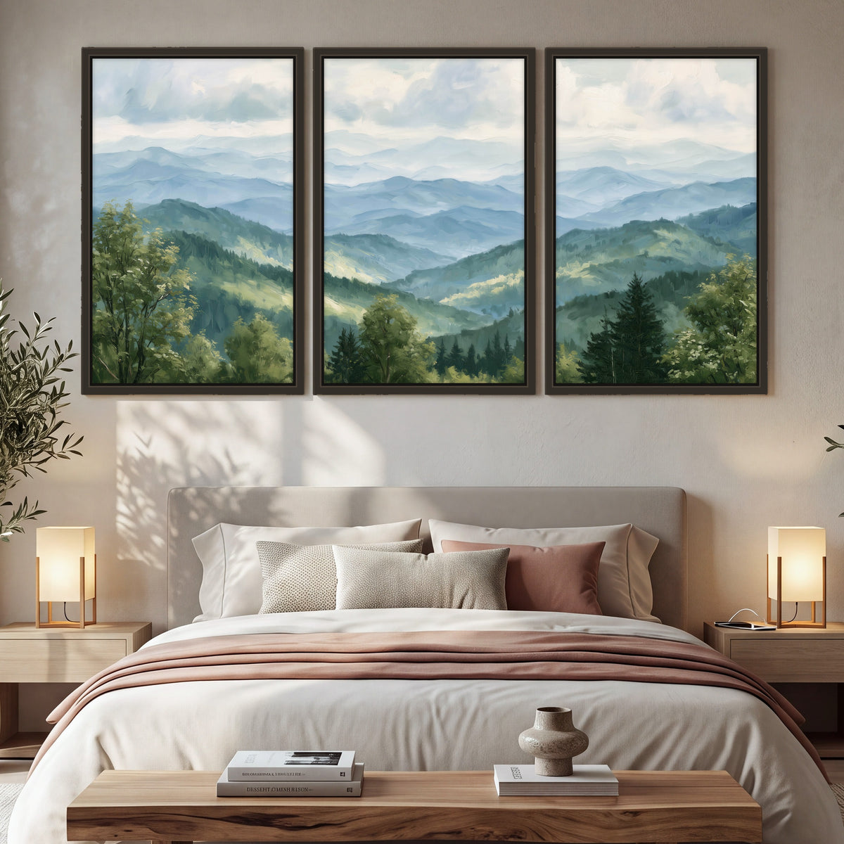 Smoky mountain vista painting 3 piece framed canvas in a bedroom above the bed