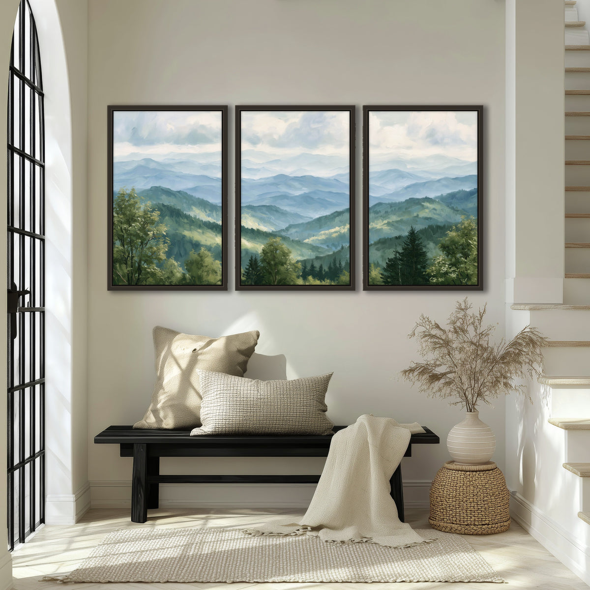 Smoky mountain vista painting 3 piece framed canvas in an entryway above a bench