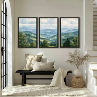 Smoky mountain vista painting 3 piece framed canvas in an entryway above a bench