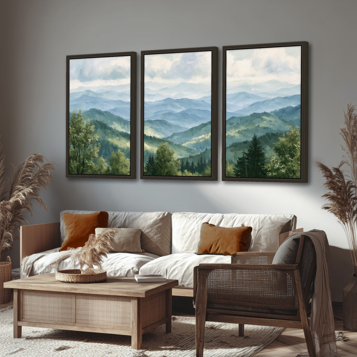 Smoky mountain vista painting 3 piece framed canvas in a rustic living room