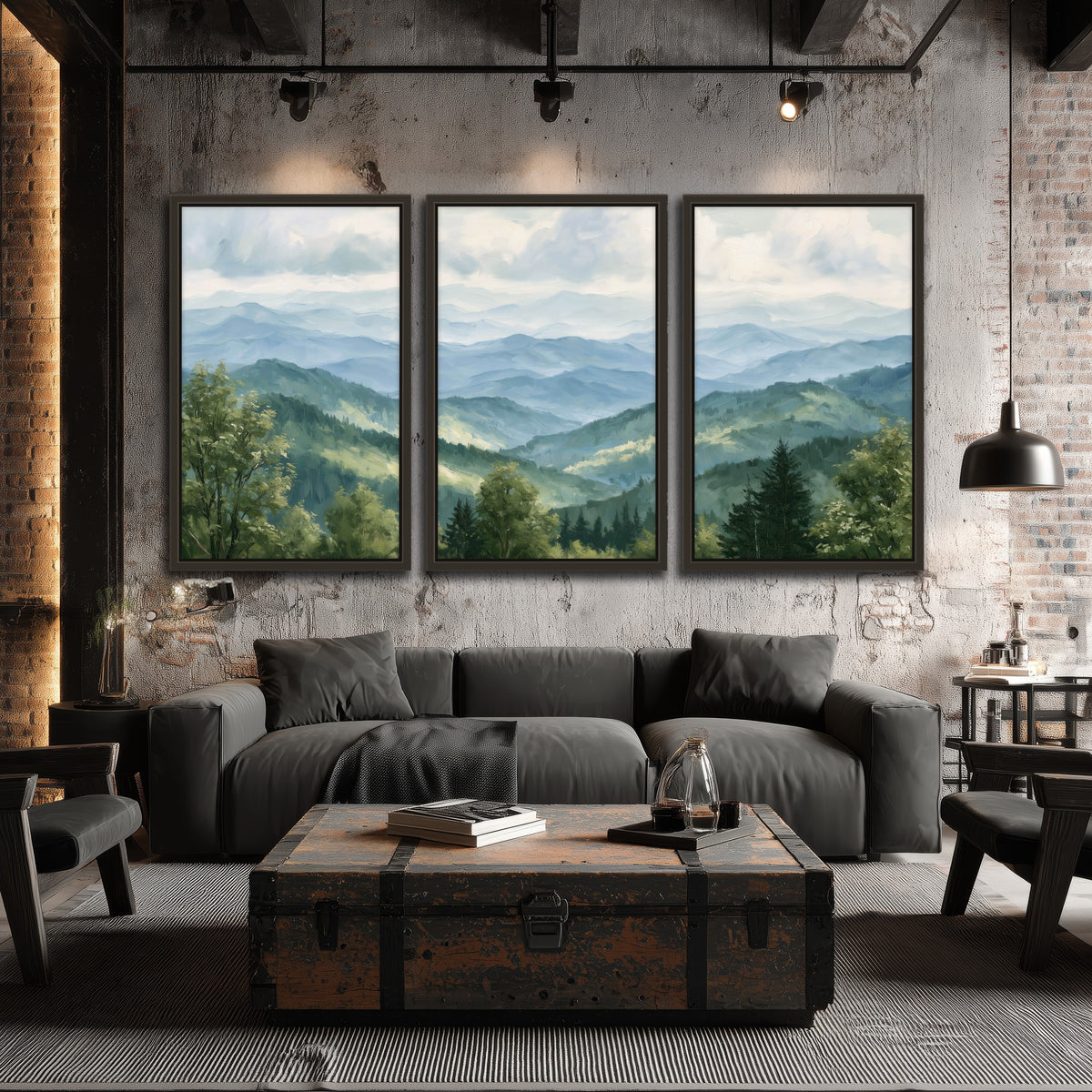 Smoky mountain vista painting 3 piece framed canvas in an industrial loft