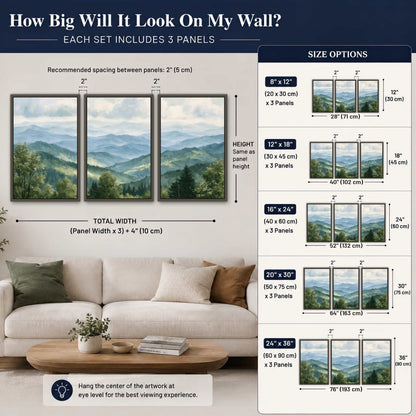 Smoky mountain vista painting 3 piece framed canvas size guide above a sofa
