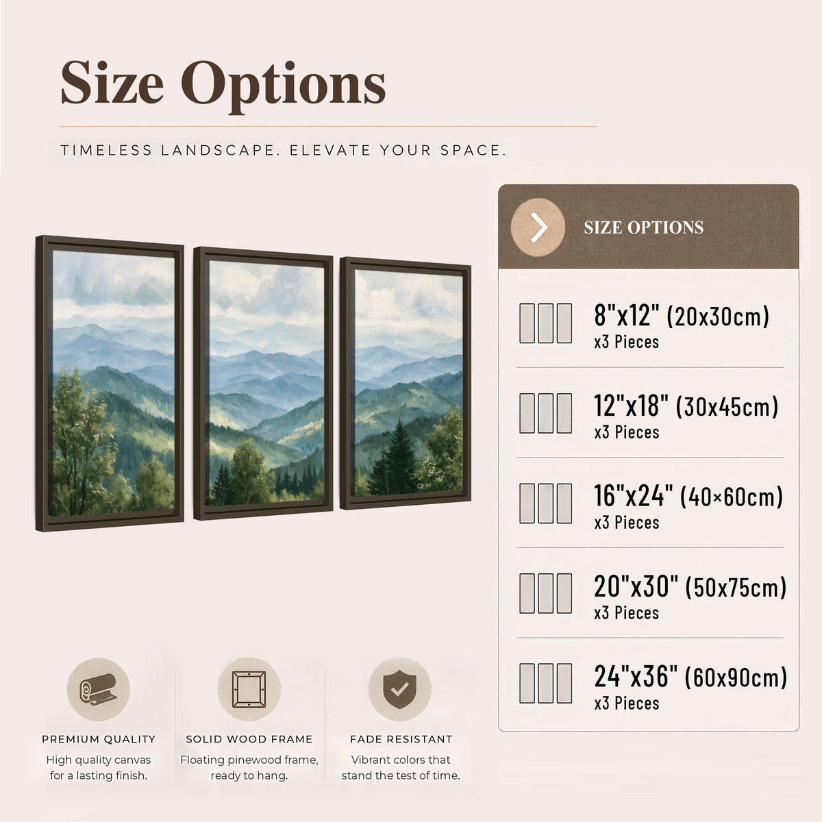 Smoky mountain vista painting 3 piece framed canvas size options