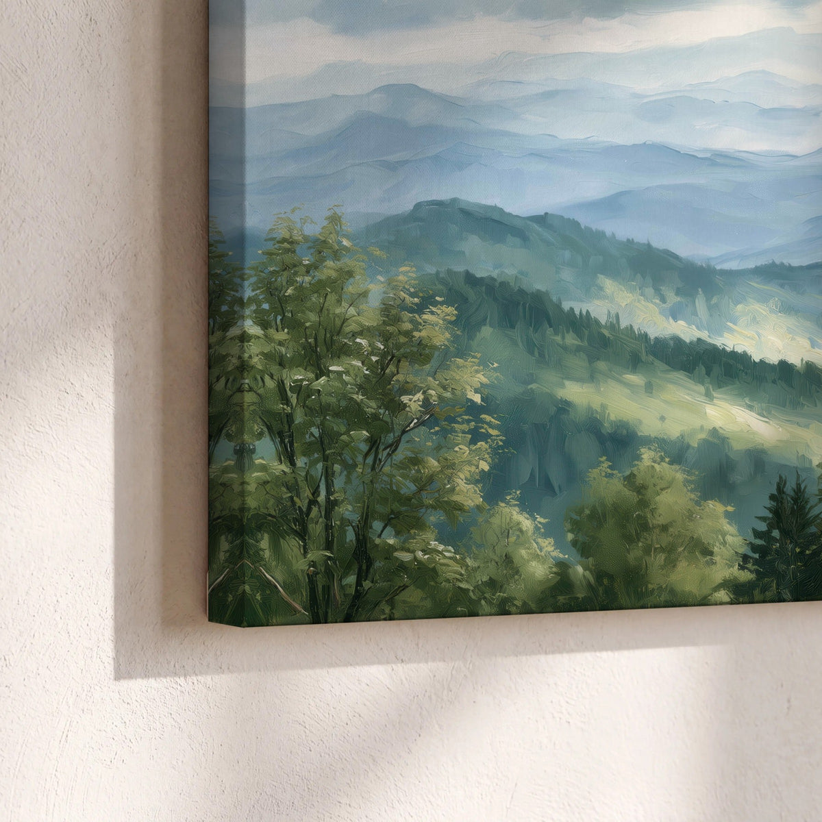 Smoky mountain vista painting canvas print close-up showing the gallery-wrapped edge