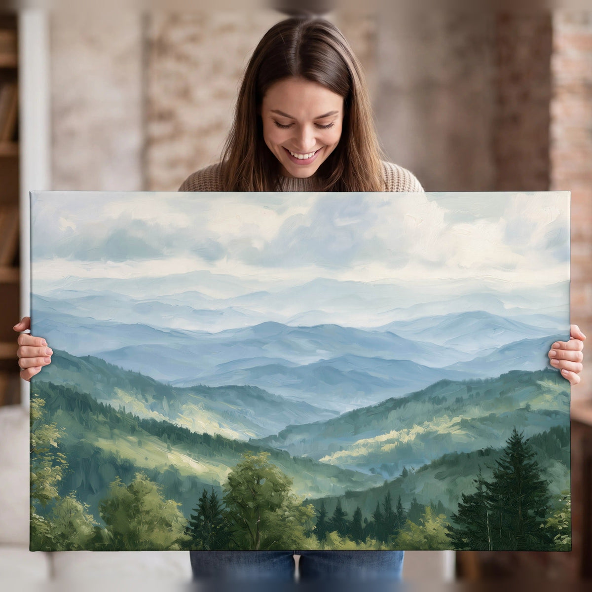 Smoky mountain vista painting canvas wall art held in hands